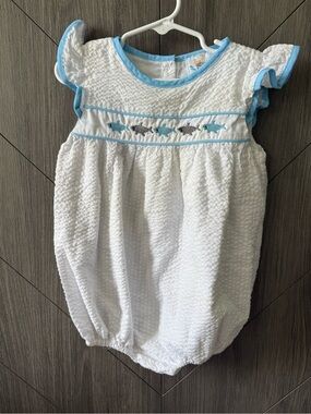 Busy Bee Smocks White Seersucker Baby Bubble with Blue Shark Embroidery